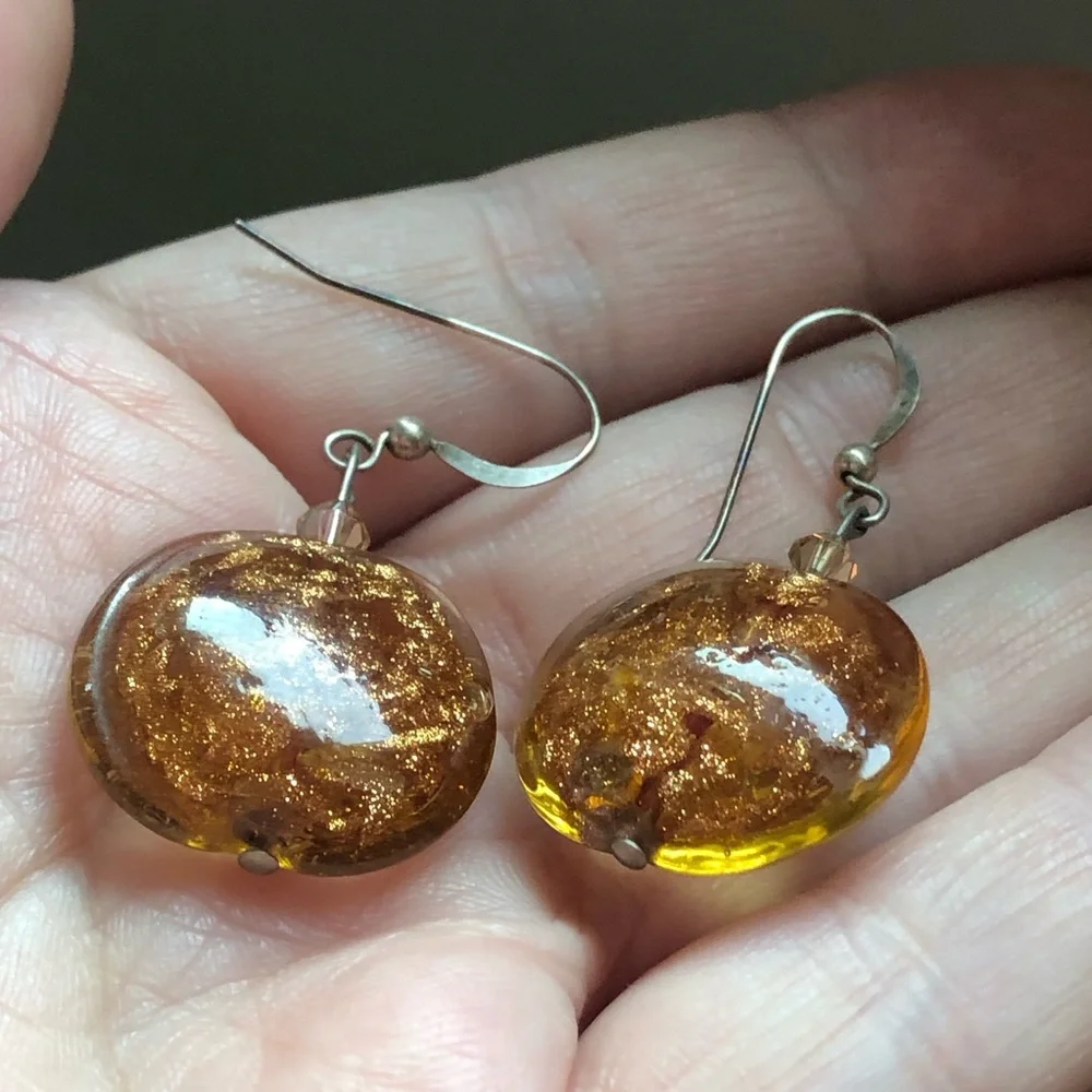 Vtg stamped 925 sterling silver & art glass copper mica dangle earrings Murano